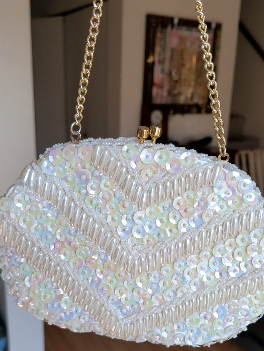 Vintage Ivory Faux Pearl & Iridescent Sequin Evening Bag Gold Tone Chain Strap